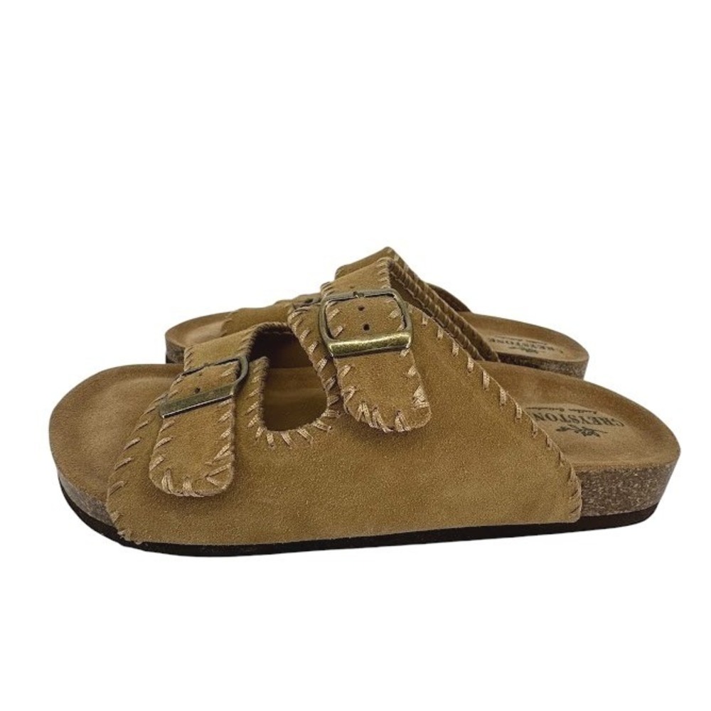 Greystone Ewan Slide Sandals Women 9.5 Brown Suede Whipstitch Buckle Boho Casual